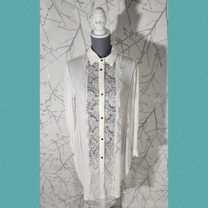 POL White Snap Front Lace Panel Shirt Dress